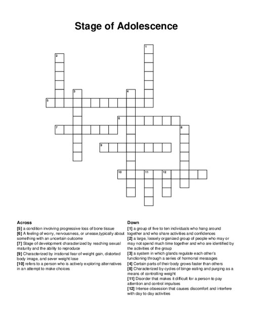 Stage of Adolescence Crossword Puzzle