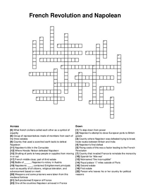 French Revolution and Napolean Crossword Puzzle