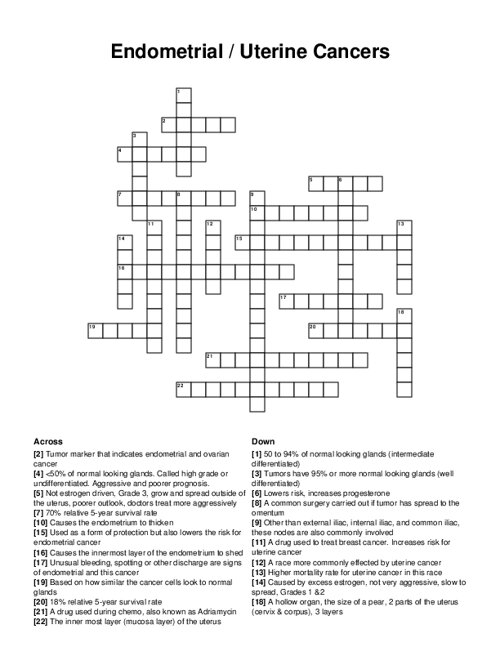 Endometrial / Uterine Cancers Crossword Puzzle
