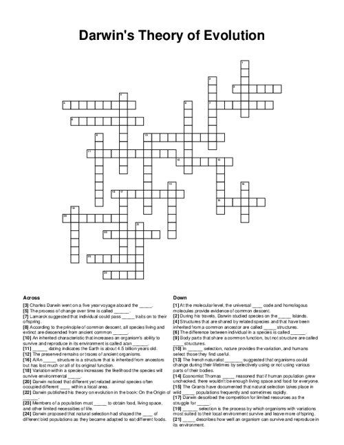 Darwins Theory of Evolution Crossword Puzzle