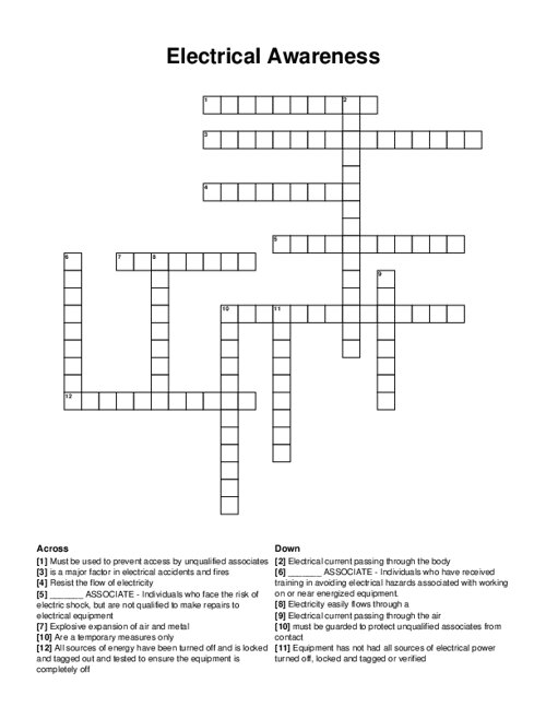 Electrical Awareness Crossword Puzzle