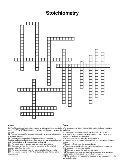 Stoichiometry Crossword Puzzle