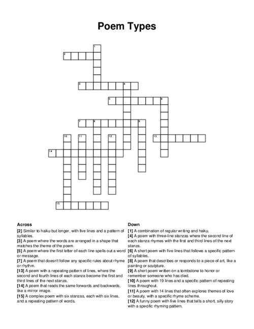Poem Types Crossword Puzzle