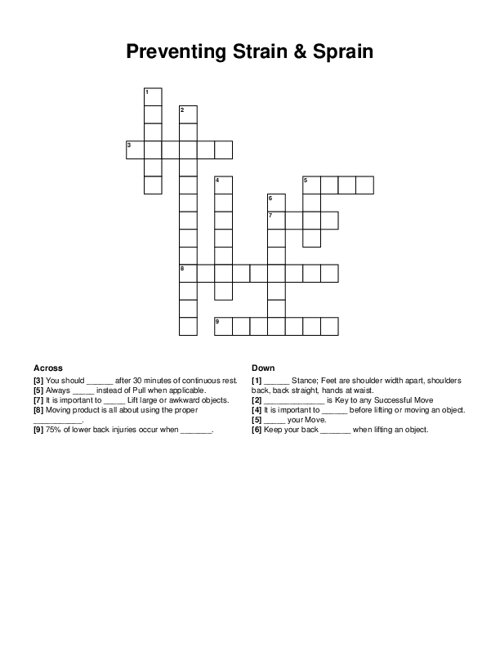 Preventing Strain & Sprain Crossword Puzzle