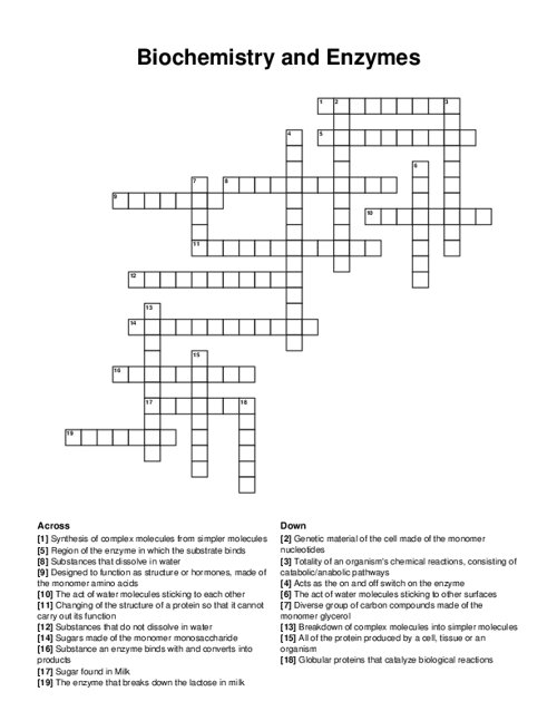 Biochemistry and Enzymes Crossword Puzzle