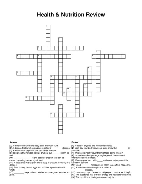 Health & Nutrition Review Crossword Puzzle