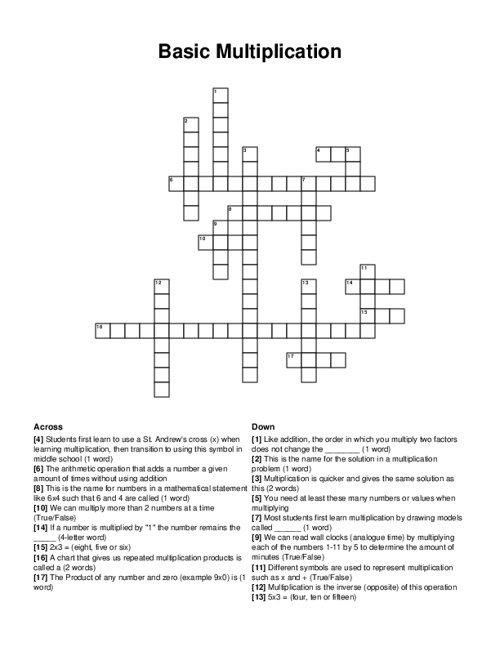 Basic Multiplication Crossword Puzzle