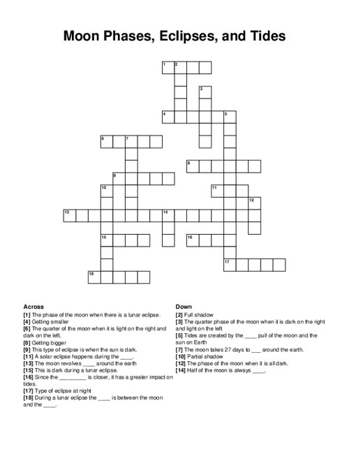 Moon Phases, Eclipses, and Tides Crossword Puzzle