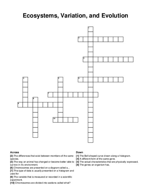 Ecosystems, Variation, and Evolution Crossword Puzzle