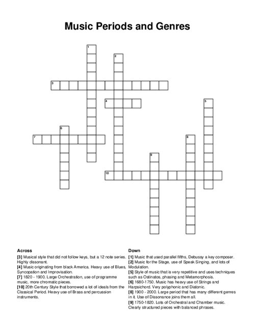 Music Periods and Genres Crossword Puzzle