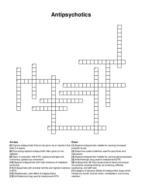 Antipsychotics Crossword Puzzle
