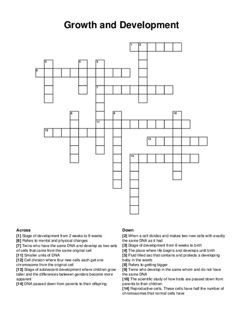 Growth and Development Crossword Puzzle