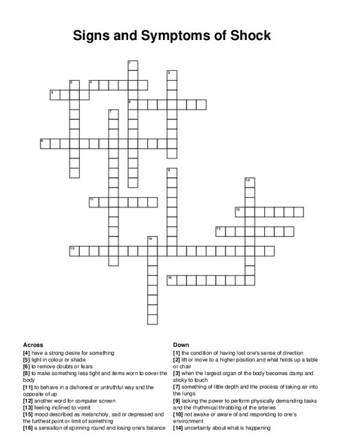 Signs and Symptoms of Shock Crossword Puzzle