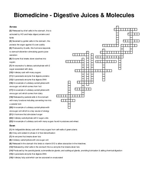 Biomedicine - Digestive Juices & Molecules Crossword Puzzle