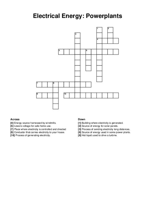 Electrical Energy: Powerplants Crossword Puzzle
