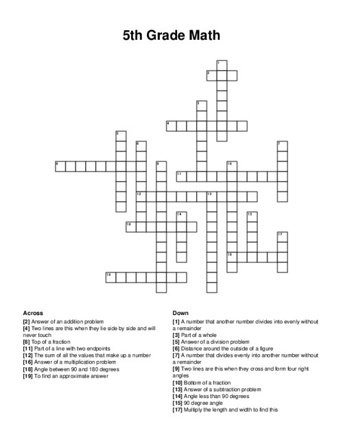 5th Grade Math Crossword Puzzle