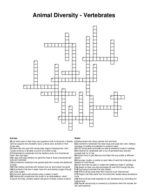 Animal Diversity - Vertebrates Crossword Puzzle