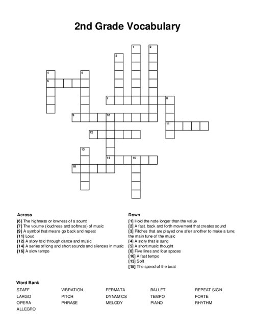 2nd Grade Vocabulary Crossword Puzzle