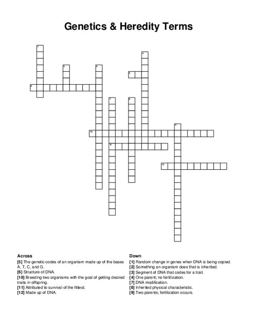 Genetics & Heredity Terms Crossword Puzzle