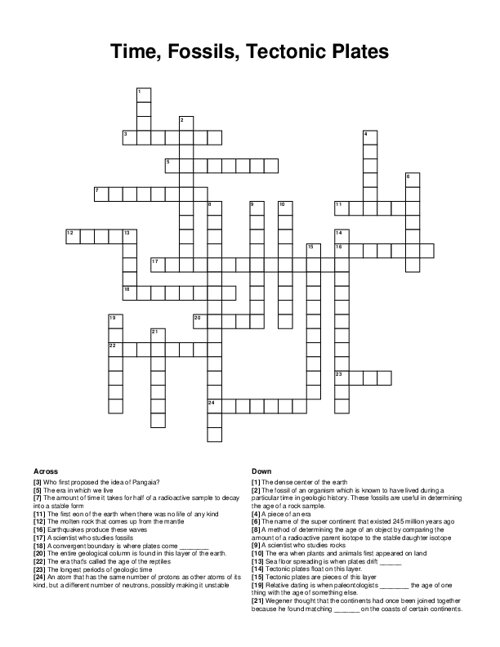 Time, Fossils, Tectonic Plates Crossword Puzzle