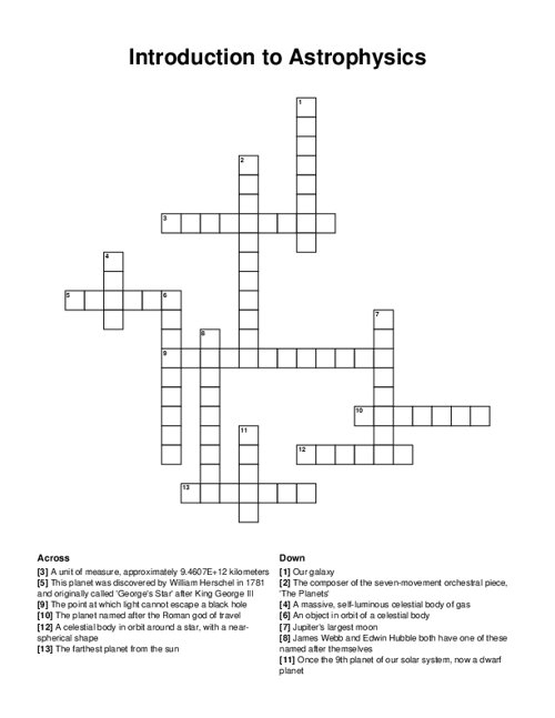 Introduction to Astrophysics Crossword Puzzle