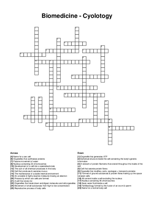 Biomedicine - Cyolotogy Crossword Puzzle