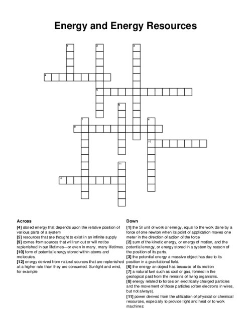 Energy and Energy Resources Crossword Puzzle