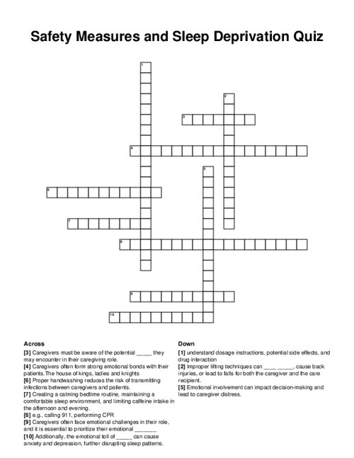 Safety Measures and Sleep Deprivation Quiz Crossword Puzzle