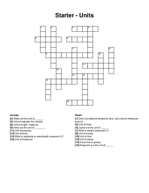 Starter - Units Crossword Puzzle