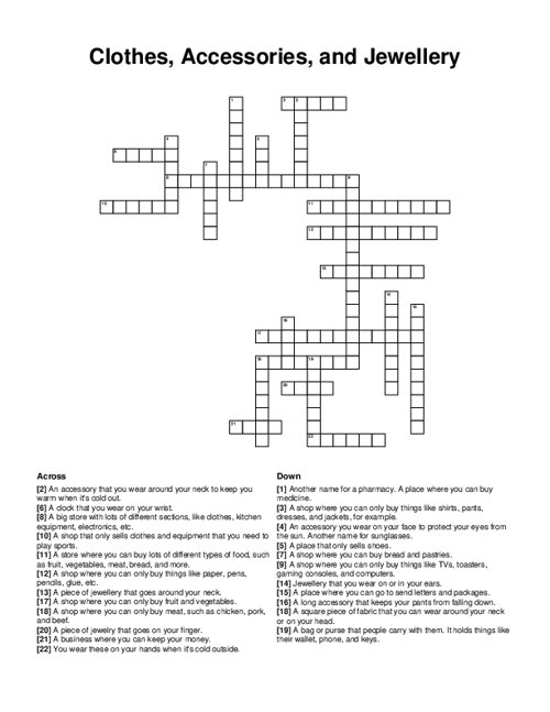 Clothes, Accessories, and Jewellery Crossword Puzzle