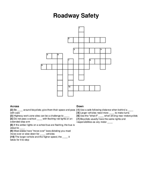 Roadway Safety Crossword Puzzle