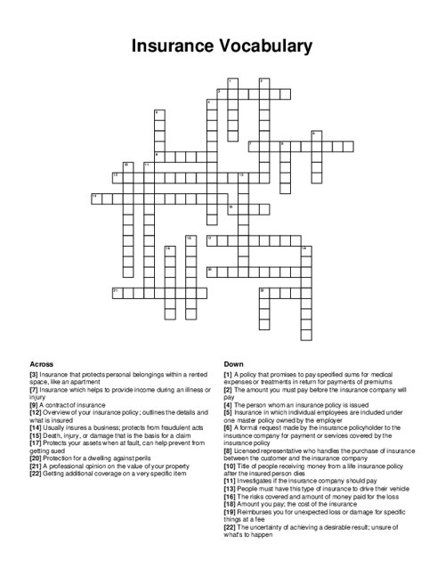 Insurance Vocabulary Crossword Puzzle