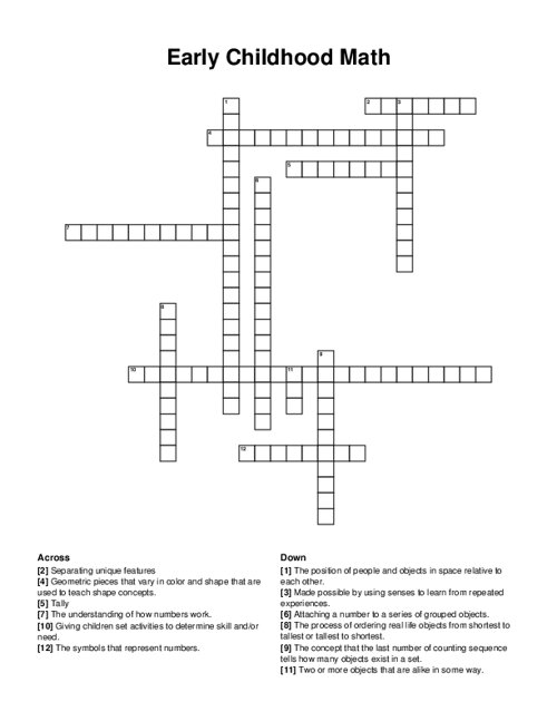 Early Childhood Math Crossword Puzzle