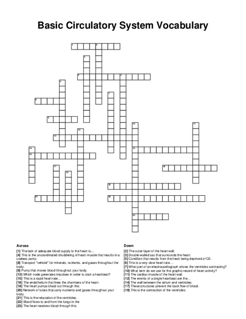 Basic Circulatory System Vocabulary Crossword Puzzle