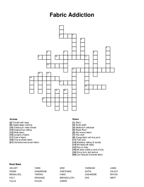 Fabric Addiction Crossword Puzzle