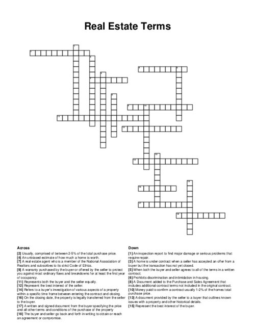 Real Estate Terms Crossword Puzzle