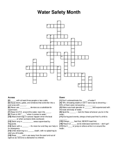 Water Safety Month Crossword Puzzle