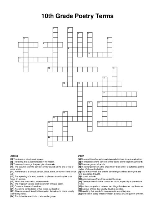 10th Grade Poetry Terms Crossword Puzzle