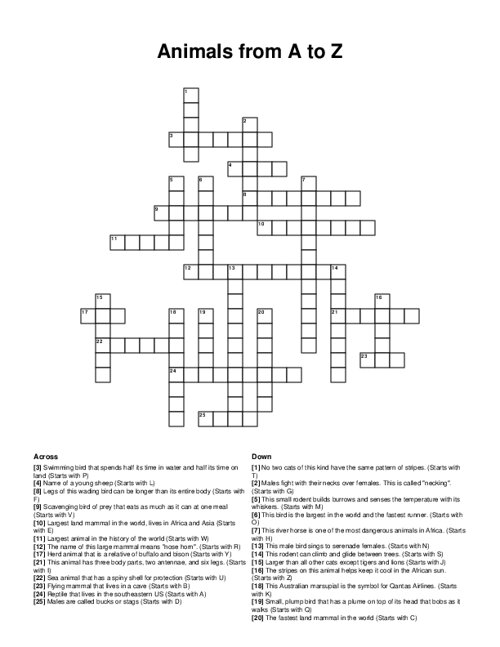 Animals from A to Z Crossword Puzzle
