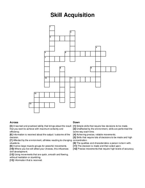 Skill Acquisition Crossword Puzzle