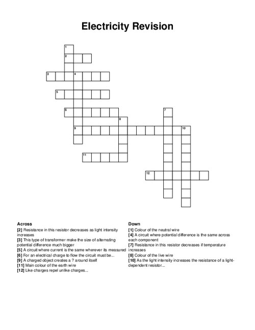 Electricity Revision Crossword Puzzle