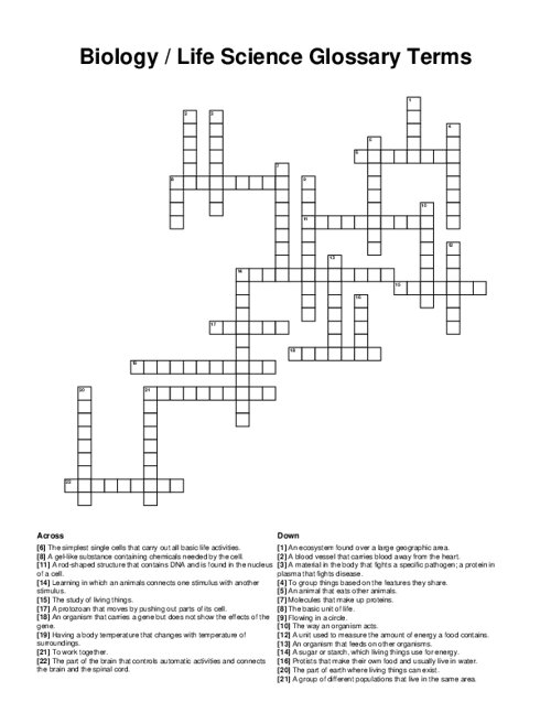 Biology / Life Science Glossary Terms Crossword Puzzle