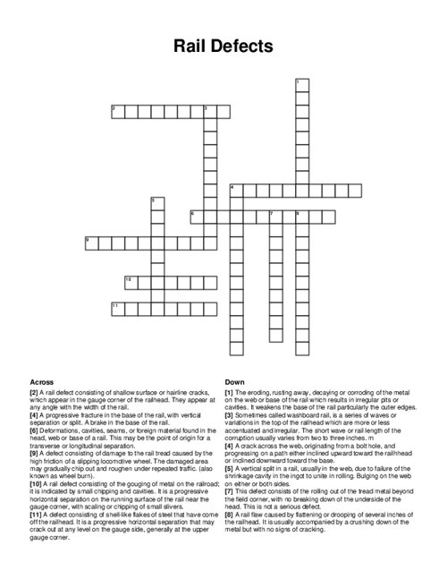 Rail Defects Crossword Puzzle