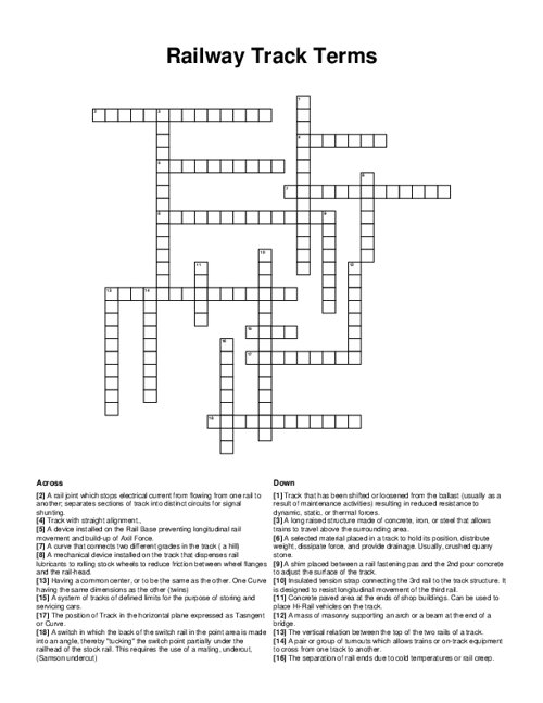 Railway Track Terms Crossword Puzzle