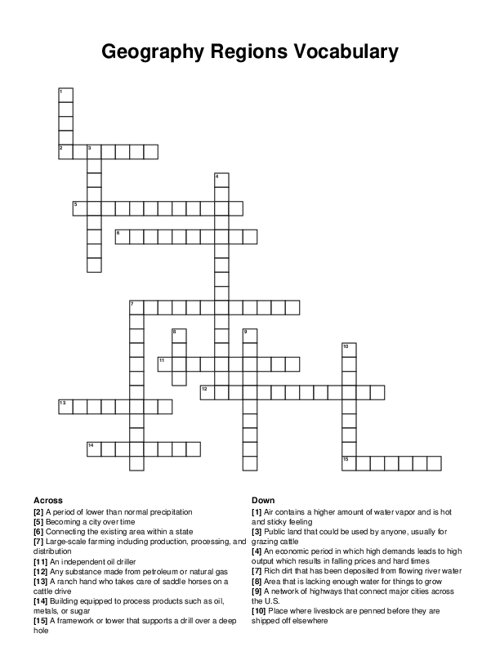 Geography Regions Vocabulary Crossword Puzzle