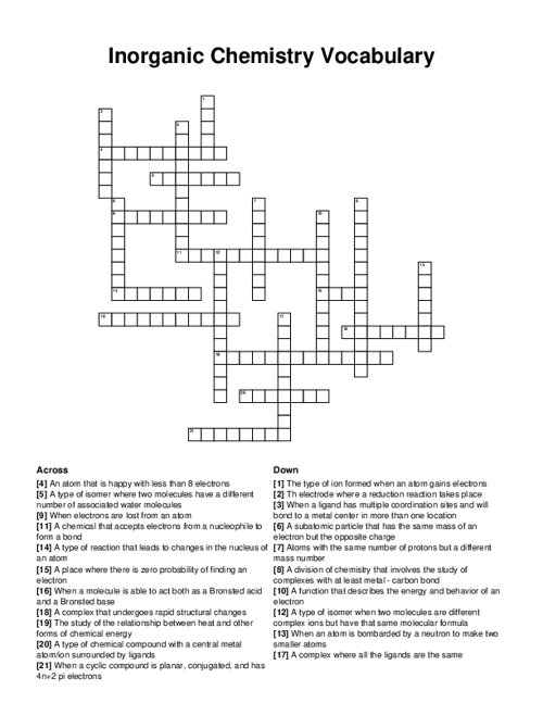 Inorganic Chemistry Vocabulary Crossword Puzzle