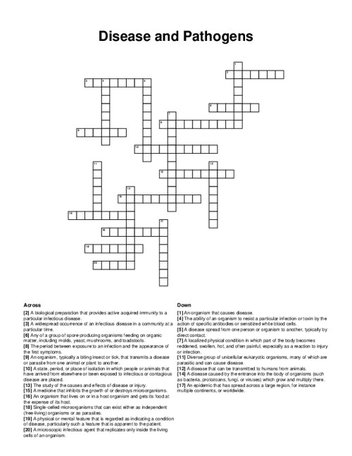 Disease and Pathogens Crossword Puzzle