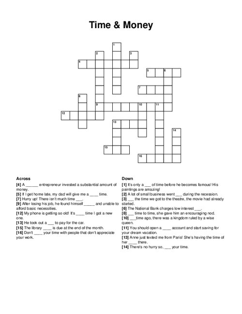 Time & Money Crossword Puzzle