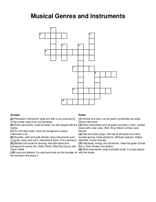 Musical Genres and Instruments Crossword Puzzle