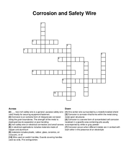 Corrosion and Safety Wire Crossword Puzzle